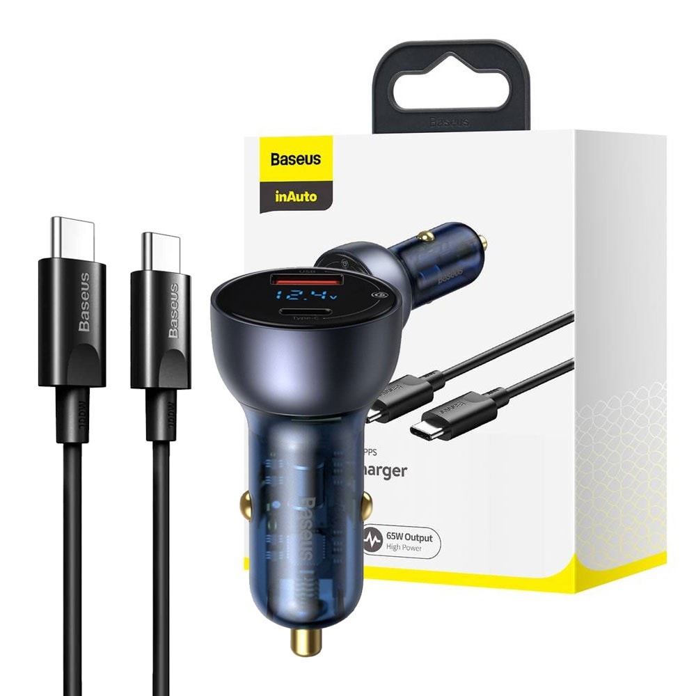Baseus Particular Digital Display QC + PPS Dual Quick Car Charger 65W (with C-to-C 100W Cable) – Dark Gray