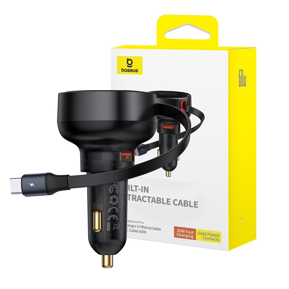 Baseus Enjoyment Pro Car Charger U + Retractable Type-C Cable 60W – Cluster Black