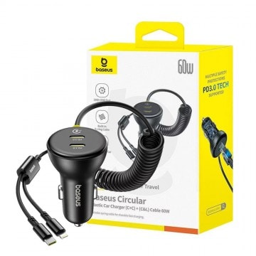 Baseus Circular Plastic Car Charger (C+C) + (C&L) Cable 60W – Cosmic Black