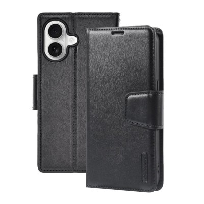 Hanman PU Flip Leather Wallet Cover Case for iPhone 16-Black