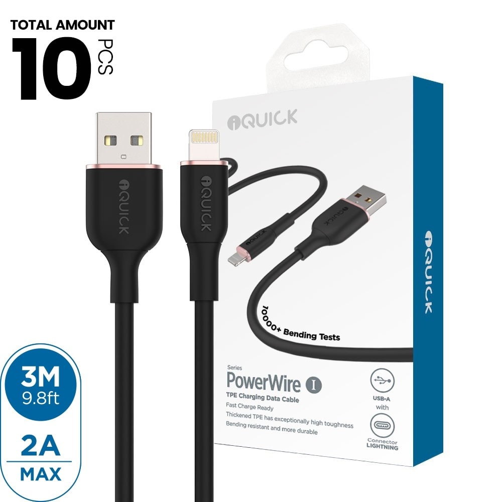 iQuick PowerWire 1 Series TPE Charging Data Cable USB to iP 3m (10PCS)