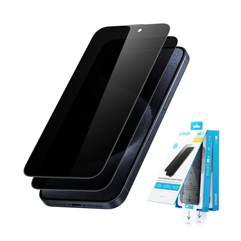 Anker Easy Fit Screen Protector Kit (Privacy, 2-Pack) For iPhone 15