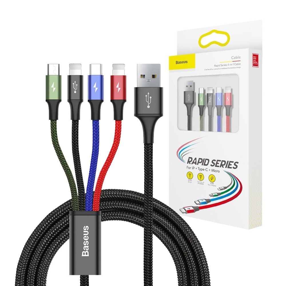 Baseus 4 in 1 Nylon Braided Cable (2 x Lightning / Type-C / Micro USB) 3.5A 1.2m (CA1T4-A01)-Black