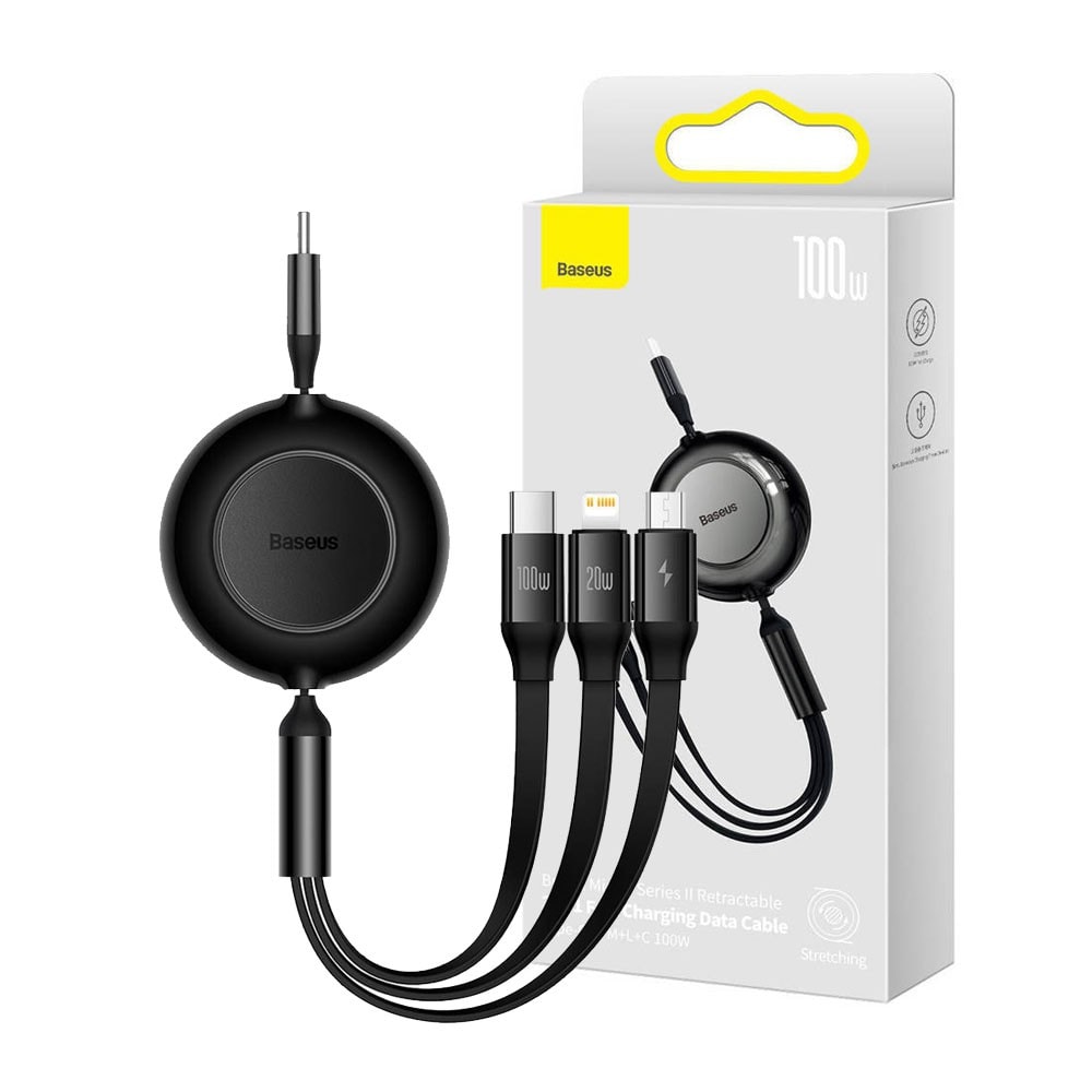 Baseus Bright Mirror 2 Series Retractable 3-in-1 Fast Charging Data Cable Type-C to M+L+C 100W 1.1m for 15 / 16 / 17 Series