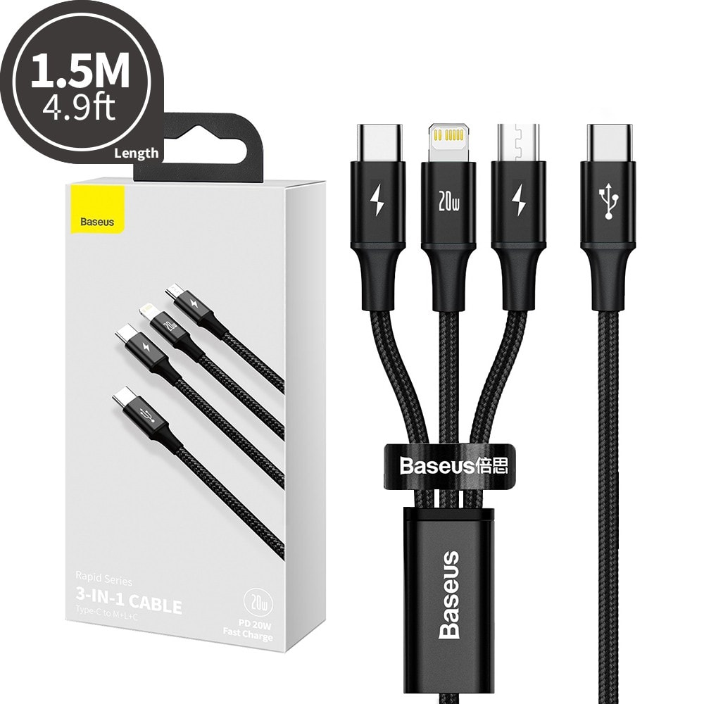 Baseus Rapid Series 3-in-1 Fast Charging Data Cable Type-C to C+L+C PD 20W 1.5M for 15 / 16 / 17 Series