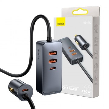 Baseus Share Together PPS Multi-port Fast Charging Car Charger with Extension Cord 120W 2U+2C (Gray)
