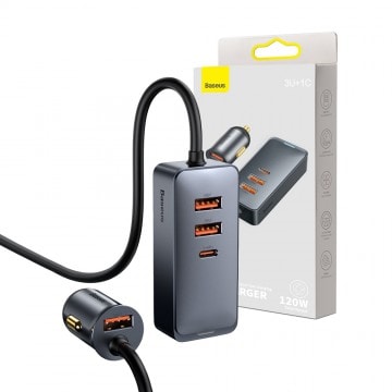 Baseus Share Together PPS Multi-port Fast Charging Car Charger with Extension Cord 120W 3U+1C (Gray)