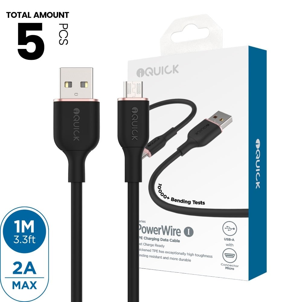 iQuick PowerWire 1 Series TPE Charging Data Cable USB to Micro USB 1m (5PCS)