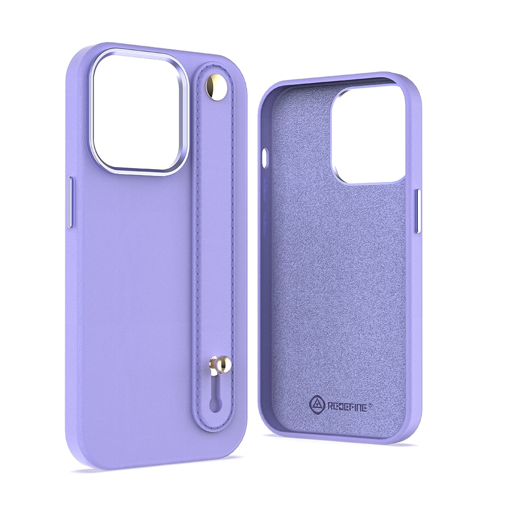 REDEFINE Metal Camera Lens PU Leather Case with Hand Belt for iPhone 14 Plus