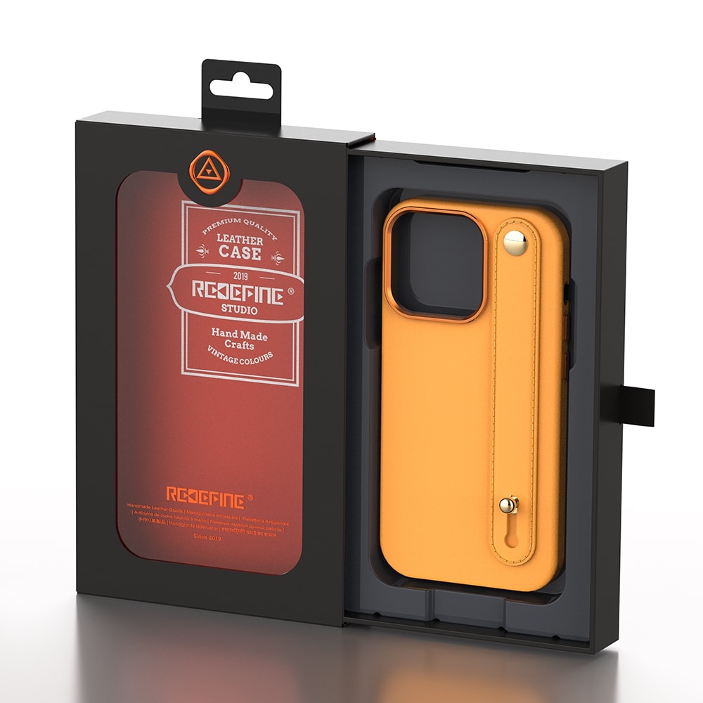 REDEFINE Metal Camera Lens PU Leather Case with Hand Belt for iPhone 14 Pro Max